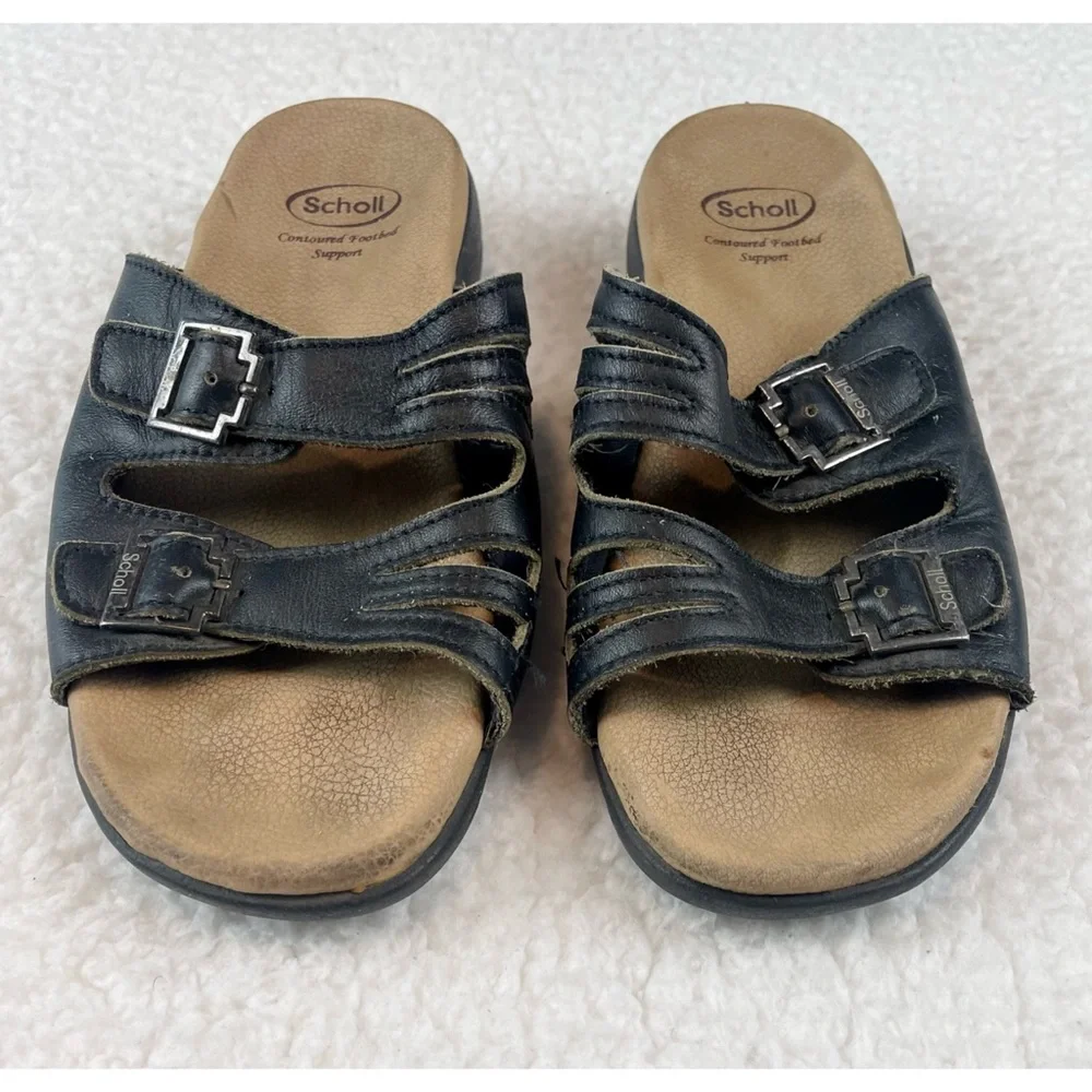 DR. SCHOLL’S • Black/Tan Strappy Buckle Slip-On Sandals, 4 - Picture 10 of 14